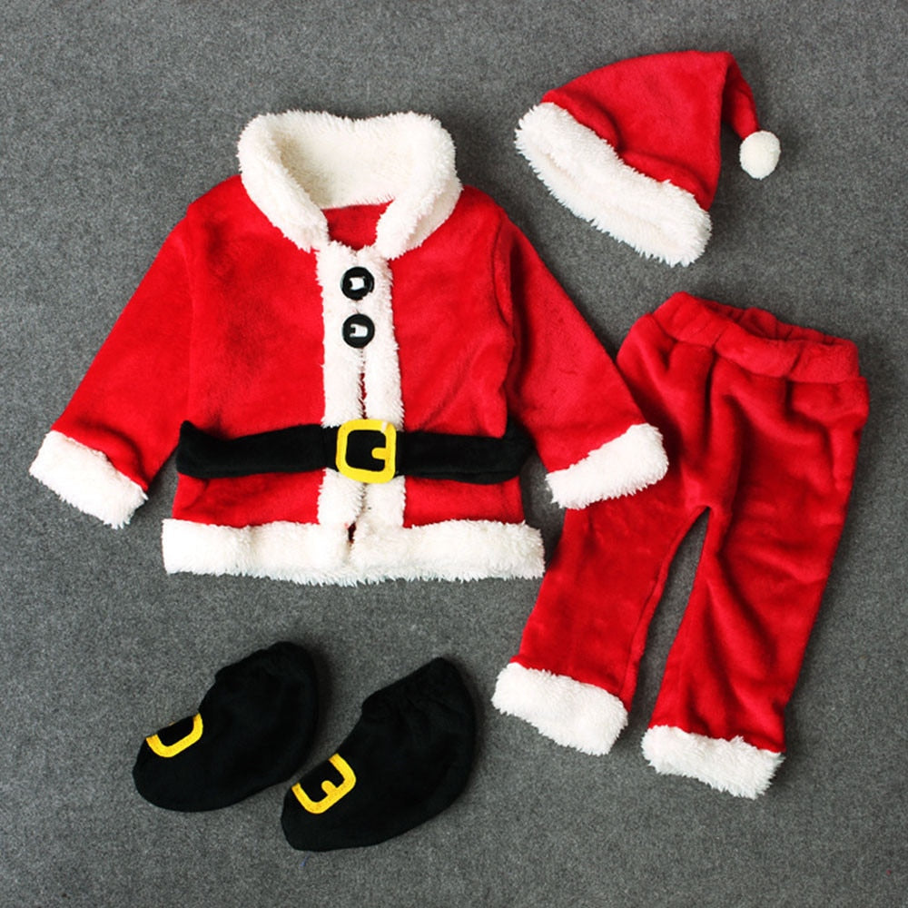 Baby Christmas Clothes 4PCS Newborn Infant Baby Santa Christmas Tops+Pants+Hat+Socks Outfit